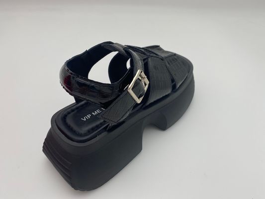 Wanita musim panas sandal hitam tebal sol dengan tombol logam kulit asli musim panas