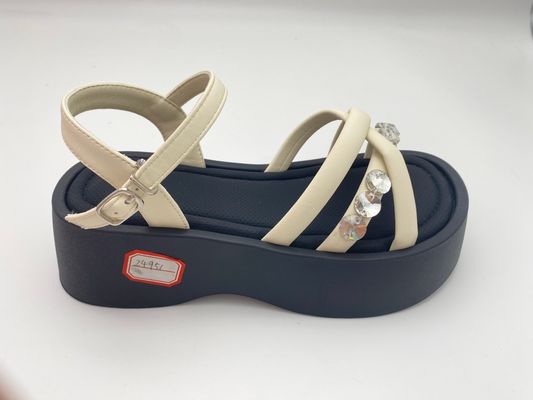 Wanita sandal putih dengan dasar dengan rhinestone dengan warna murni dan kulit asli