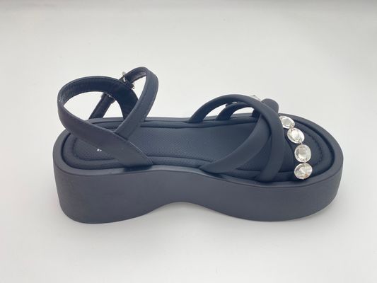 Wanita sandal hitam dengan dasar rhinestone kulit asli di musim panas